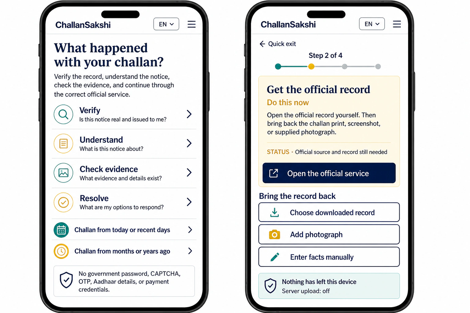 Two iPhone mockups showing ChallanSakshi’s guided challan overview and official-record upload step